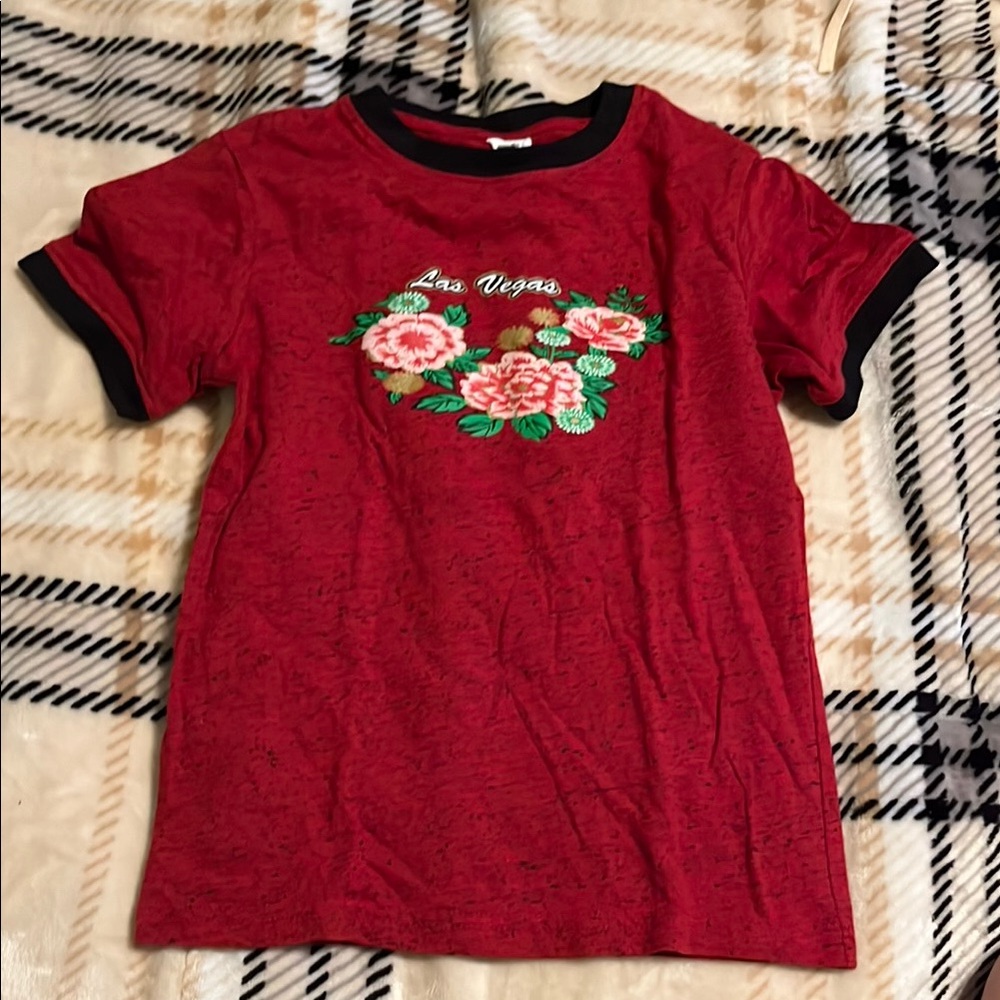 Red Baby Tee with Floral Embroidery